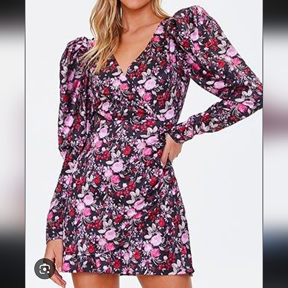 Forever 21 Black/Pink Floral V-Neck Faux Wrap Puffy Sleeve Dress Sz. Small